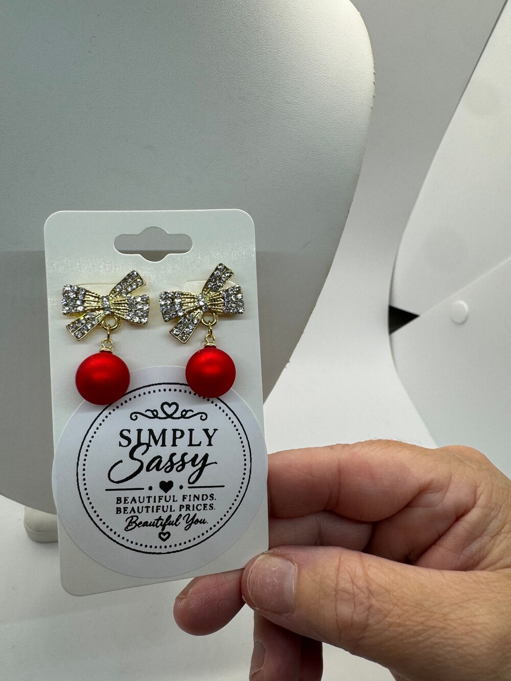 Holiday Red Ornament Ball Rhinestone Bow Earrings Gold Tone New